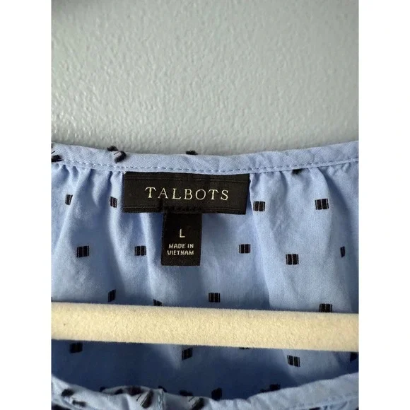 Talbots Women Light Blue Black Dot Print 3/4 Sleeve Button Neck Tunic Top Size L - Picture 2 of 12